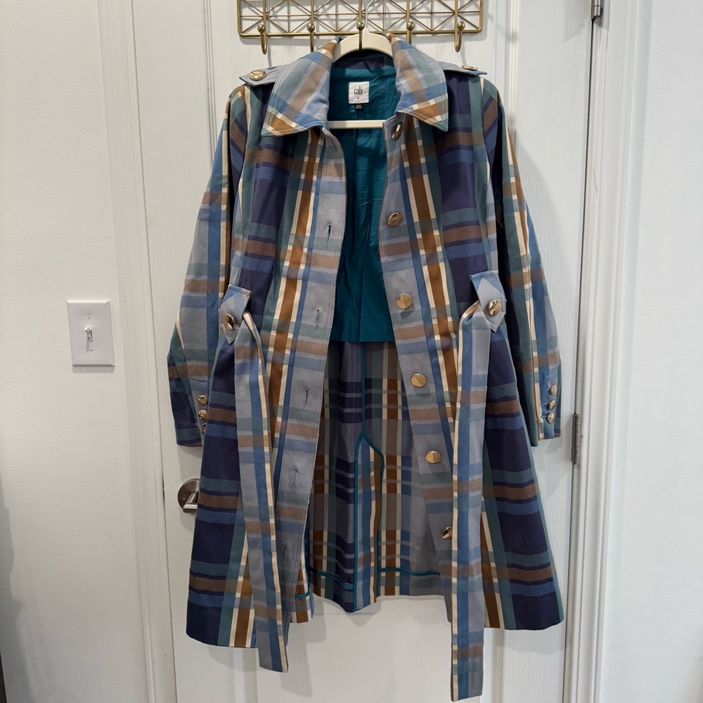 CAbi Multicolor Plaid Trench Coat w/ Gold Buttons - Picture 7 of 9